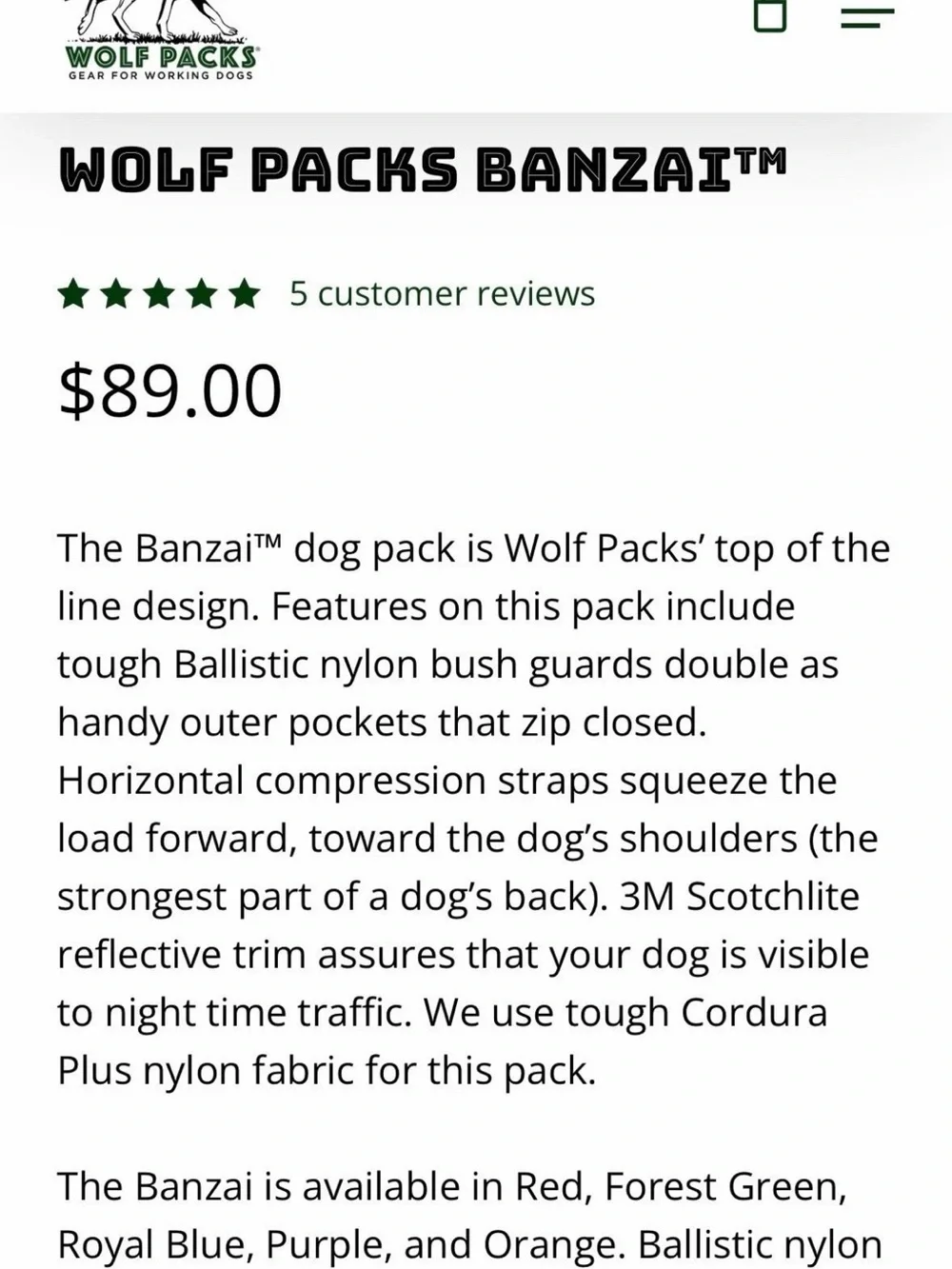 Wolf Packs Banzai Dog Backpack